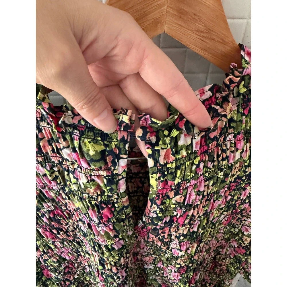 Crown & Ivy Floral Smocked Tiered Maxi Dress Pink Green Cotton Short Sleeve XXL - Picture 7 of 9